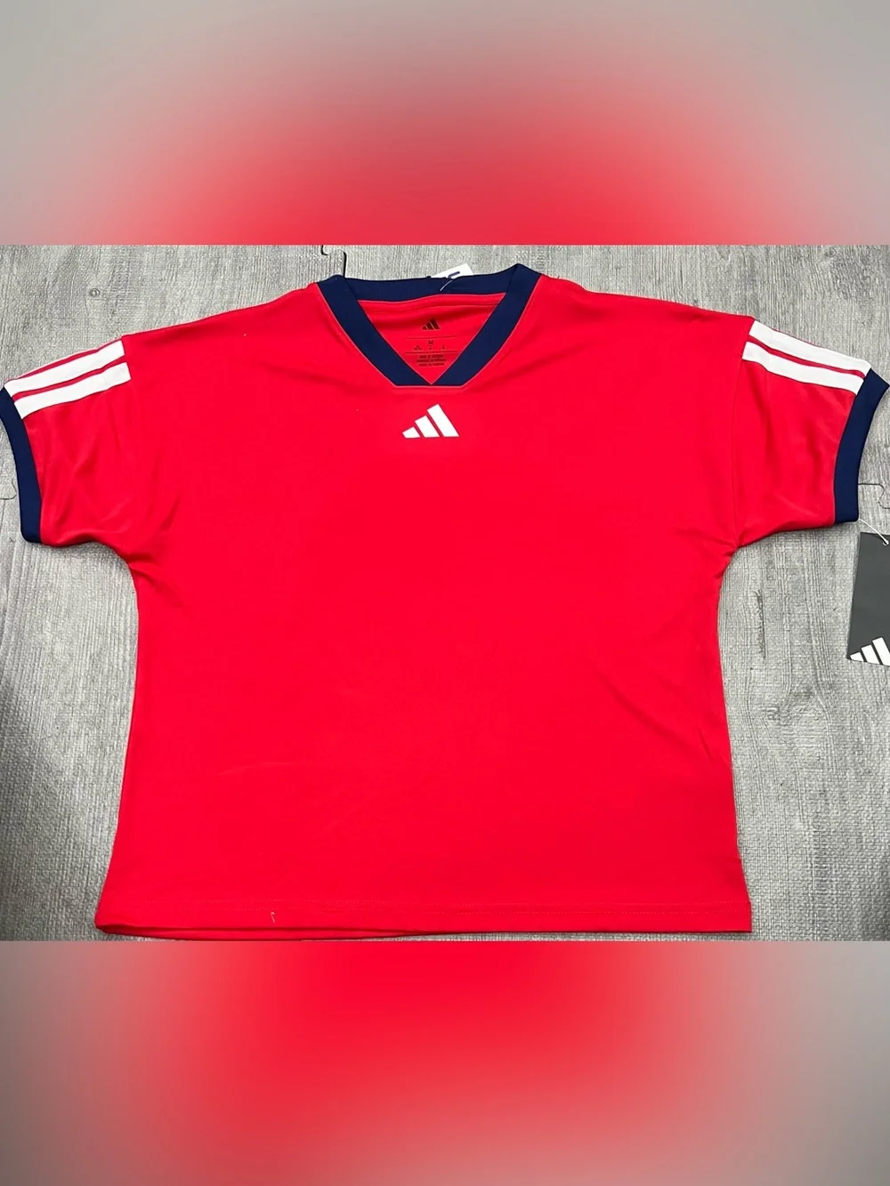 adidas Boys Soccer Jersey T-Shirt Red/Blue/White V-Neck Short Sleeve M